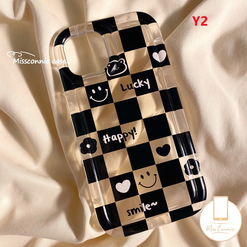 IPHONE Ins Kotak-Kotak Happy Lucky Smiley Couples Case Kompatibel Untuk Iphone11 7 8 Plus XR 14 13 12 Pro MAX 6 6S Plus X XS MAX Beruang Lucu Cinta Hati Bunga Shockproof Airbag Soft Cover