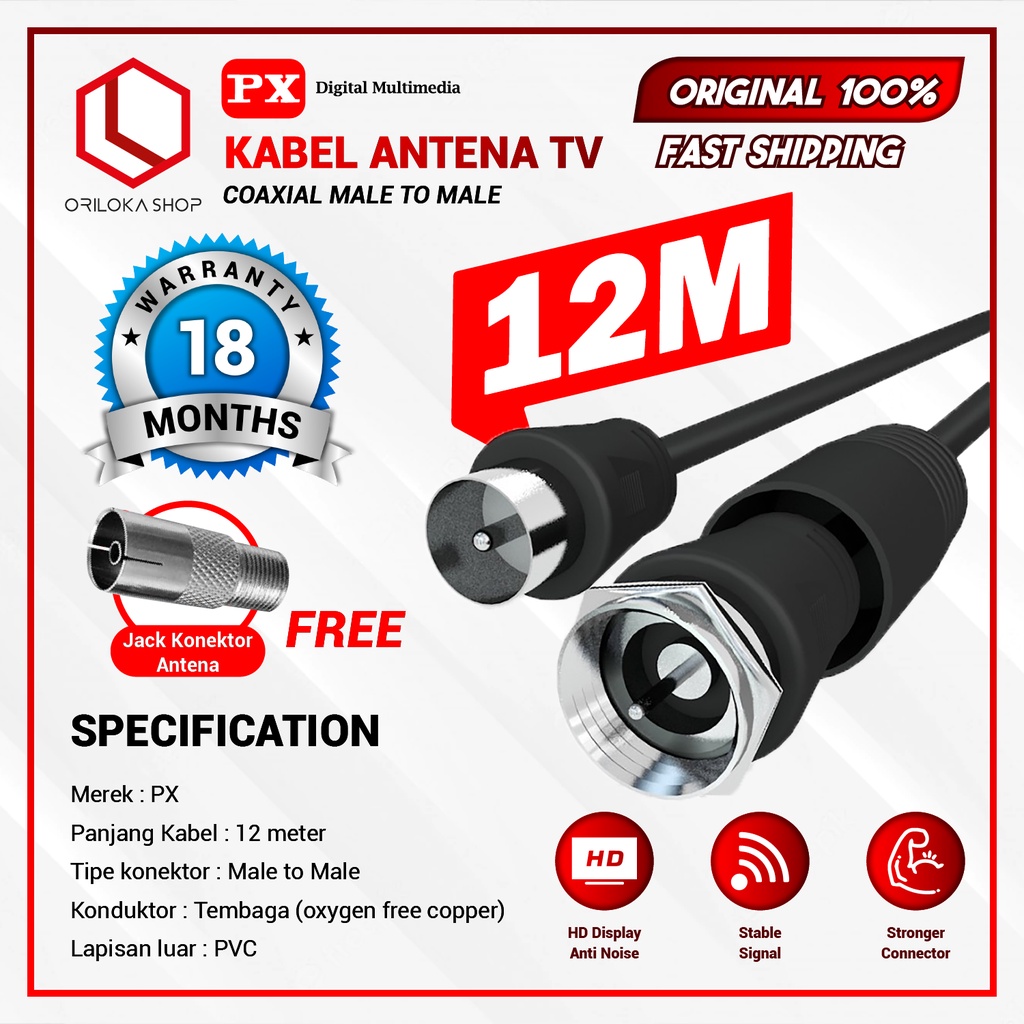 PX Coaxial Kabel Antena TV 12M Parabola Male To Male - Garansi Resmi PX