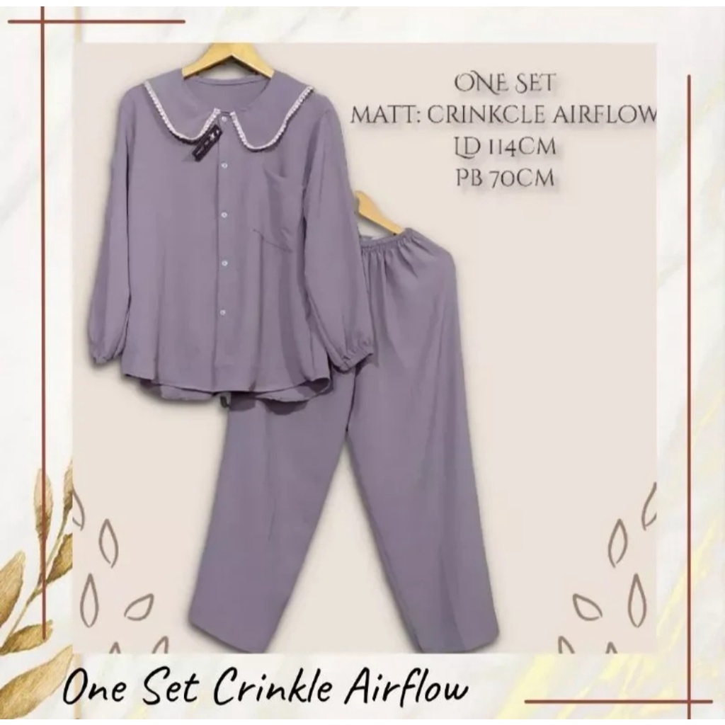 Ramdan Collection | Ariana One Set Crinkle Airflow Kerah Mix Renda Model Terbaru 2022 Setelan Wanita Kekinian Lengan Panjang Atasan Blouse Blus Set Celana