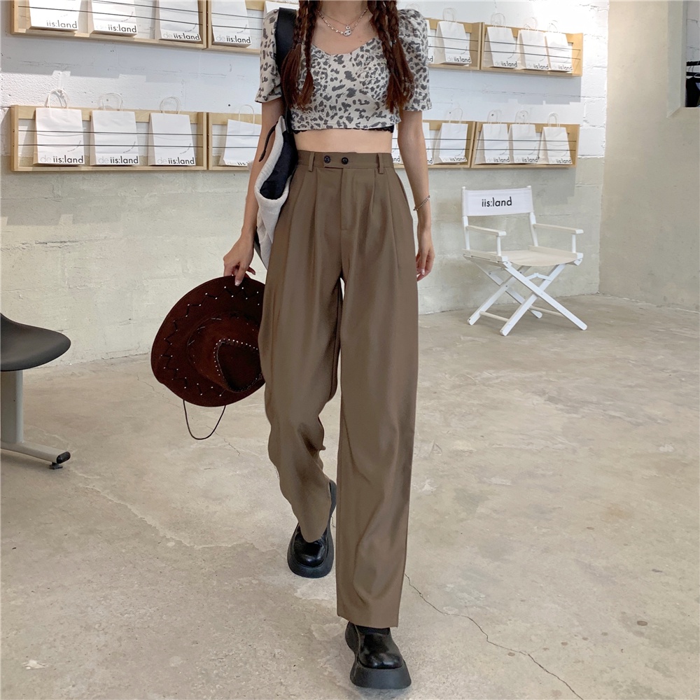 EUNII Celana Panjang Khaki Wanita Retro Basic Color Kasual Loose High Waist Straight Pants Korean Style