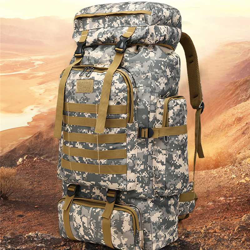 Tas Ransel Militer Hiking Kamuflase Oxford Waterproof 80L Tas Punggung Camping Anti Air Banyak Slot Multifungsi