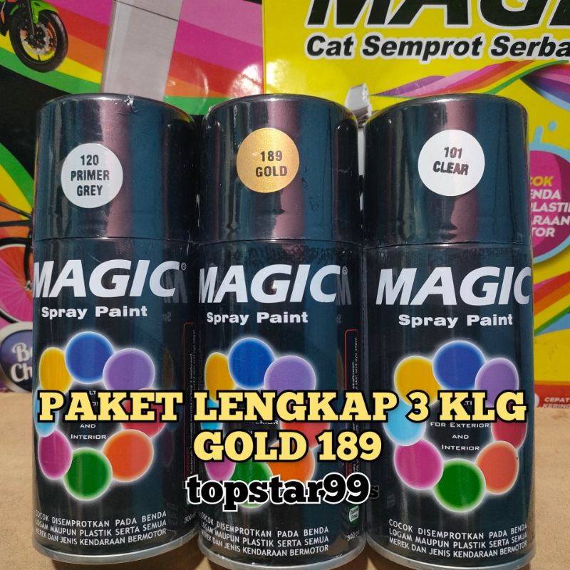 Pilok Pilox Cat Semprot Magic Paket Lengkap 3 Kaleng 300cc Paketan Emas Gold 189 Primer Grey Epoxy 120 Clear Pernis Glossy Mengkilap 101 Spray Paint