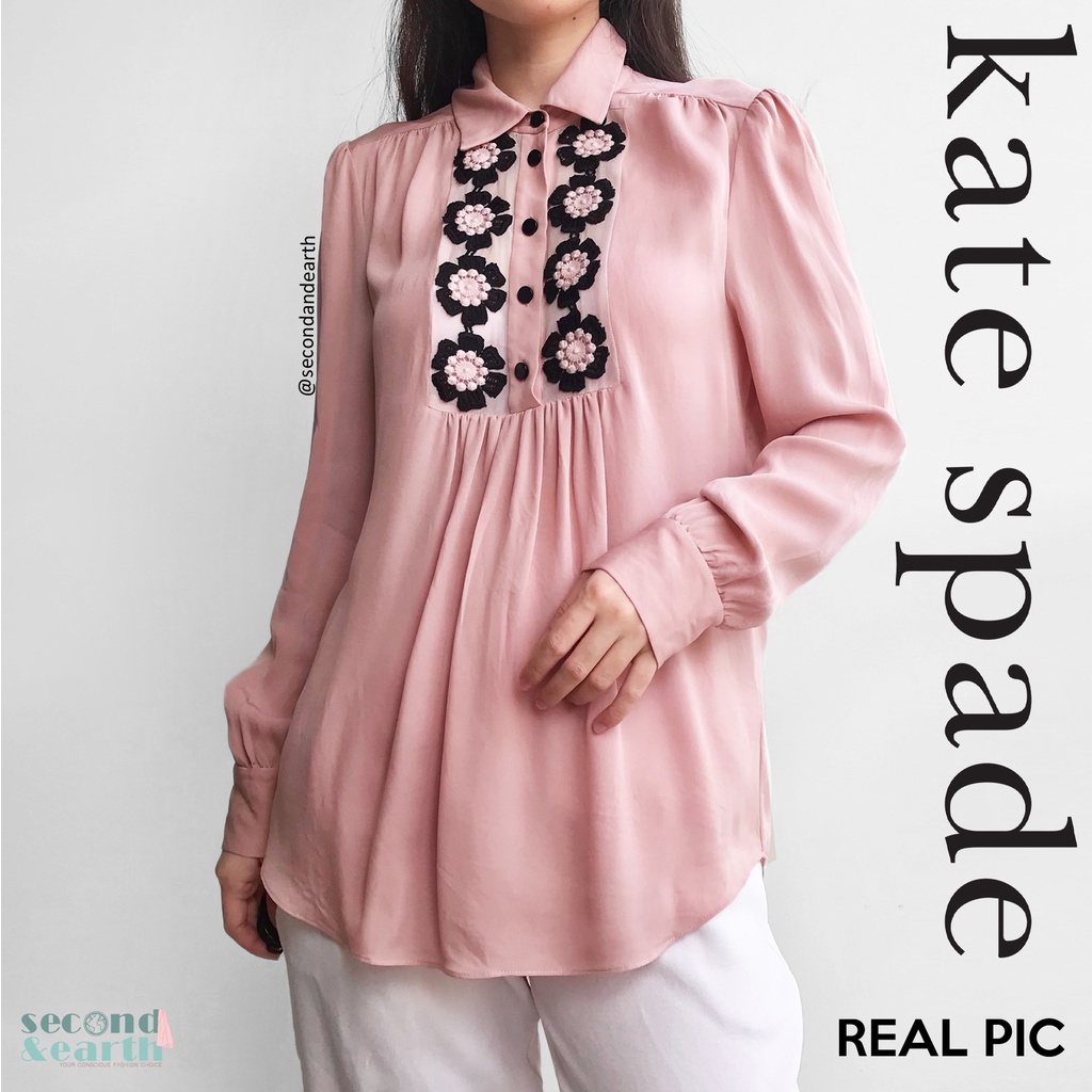 LIKE NEW Kate Spade Blouse (S-M) Authentic Atasan Kerja Lengan Panjang Brokat Bunga Kerut Sutra Pink