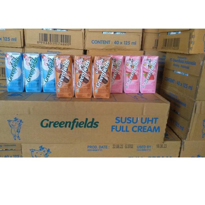 

➢ PROMO Susu UHT Greenfields 125ml Fullcream Strawberry Chocomalt karton dus isi 40 EXP ☊