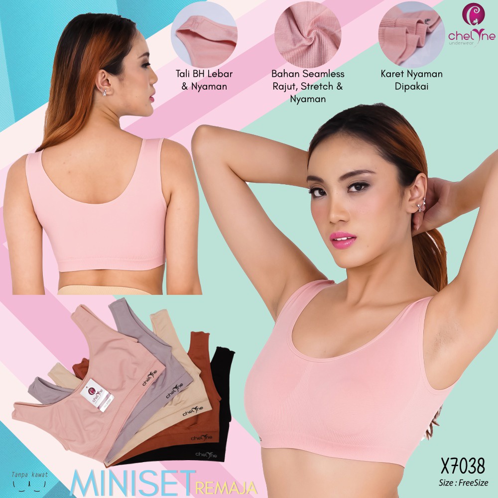 MINISET RAJUT X7038 CHELYNE - MINISET BAHAN BODY CHELYNE - MINISET BODY - Miniset Chelyne Seamless Rajut Tanpa Busa X7038 Bra Remaja Chelyne Miniset Tanpa Busa X7038 Tali Besar - Bra Remaja Harian