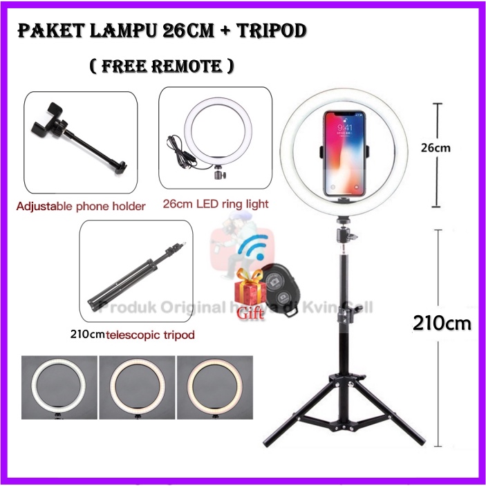 Paket Lampu Ring Light 26cm + Tripod 2.1 Meter Gratis Remote Bluetooth Holder Hp