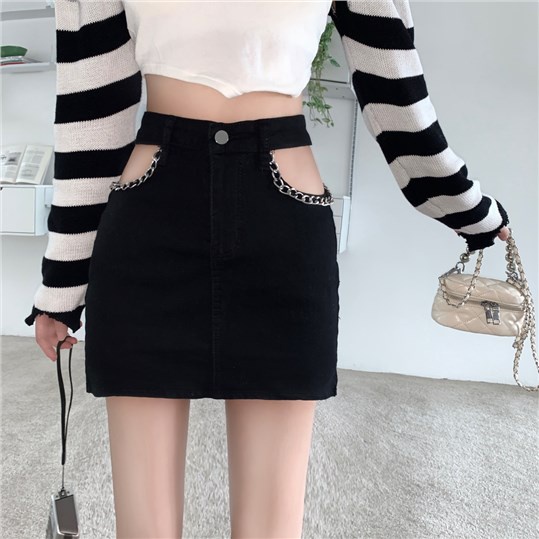 Red Sexy hot girl hollow zipper hot girl high waist hip-lifting A-line denim skirt for women