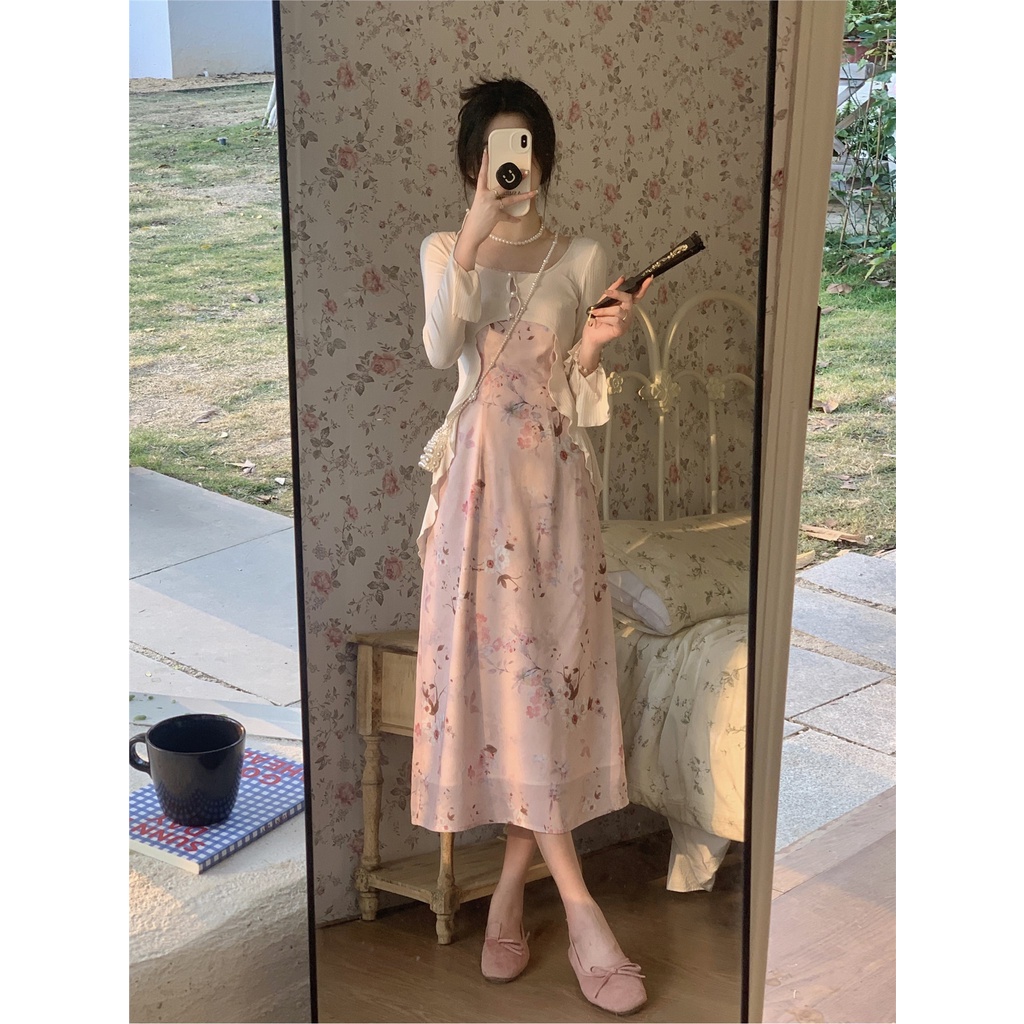 Red Kumikumi Gaya Cina Baru Setelan Wanita Cetak Suspender Gaun Musim Semi Rasa Desain Blus Mantel Dua Potong Set