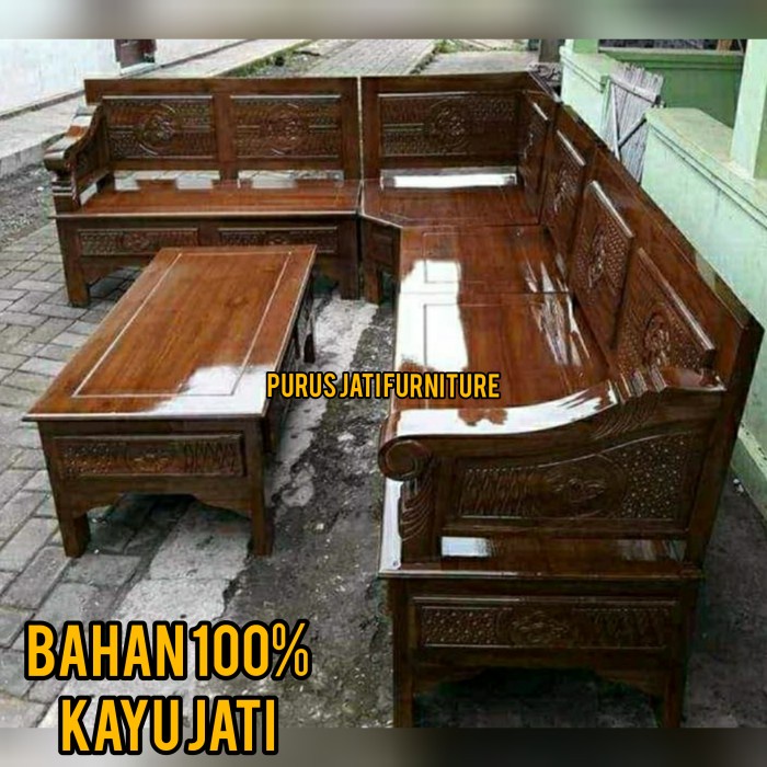 PJ1 Kursi Sudut Kayu Jati Set Meja Tamu Minimalis Tanganan Besar Terbaru - TANPA BUSA