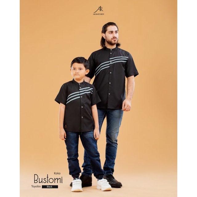 Terbaru Kemeja couple koko bustomi ArRafi  baju koko atasan lengan pendek Ar Rafi kembaran anak rema