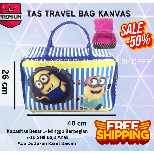 COD ~ BIG SIZE Tas Travel KANVAS Travel Bag Koper Kanvas Besar Jinjing Super Anak Dan Dewasa doraemon minion mickey minie paris BT21 hellokity tayo cars frozen little pony tas travel travel bag tas jinjing tas mudik tas lebaran