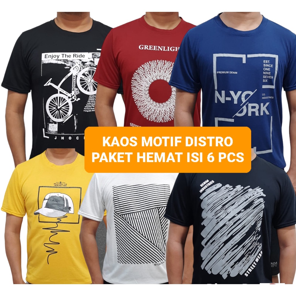 Paket hemat  100ribu dapat 6 kaos distro pria dewasa random motif dan warna lengan pendek