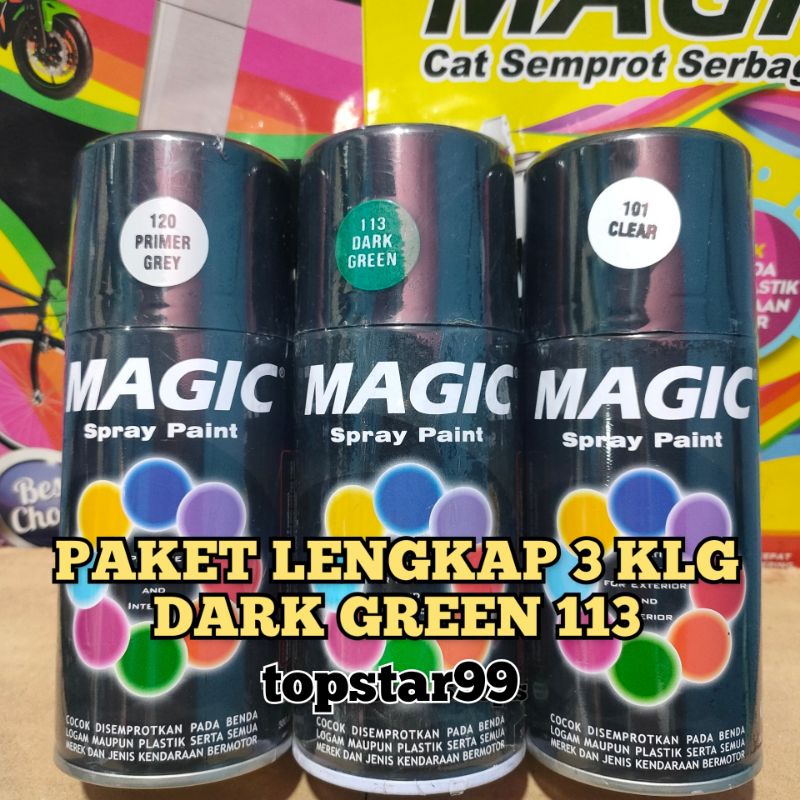 Pilok Pilox Cat Semprot Magic Paket Lengkap 3 Kaleng 300cc Paketan Hijau Tua Dark Green 113 Primer Grey Epoxy 120 Clear Pernis Glossy Mengkilap 101 Spray Paint