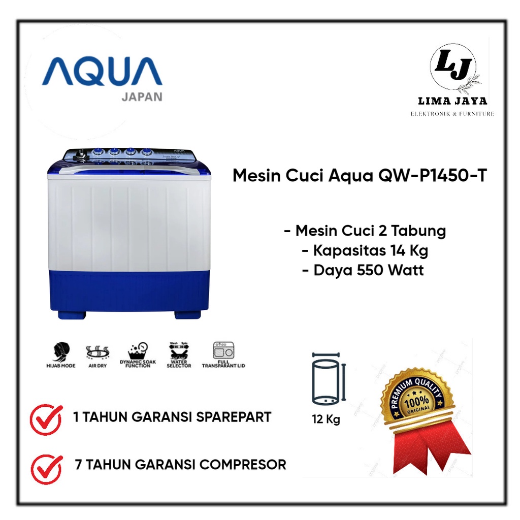 Mesin Cuci 2 Tabung AQUA QWP1450T Mesin Cuci Dua Tabung Aqua 14 Kg