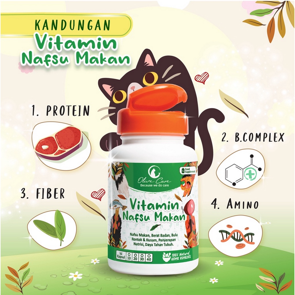 Olive Care Cat Vitamin Nafsu Makan – Kucing Gemukin Badan, Bulu Rontok, Daya Tahan Tubuh dan, Konstipasi