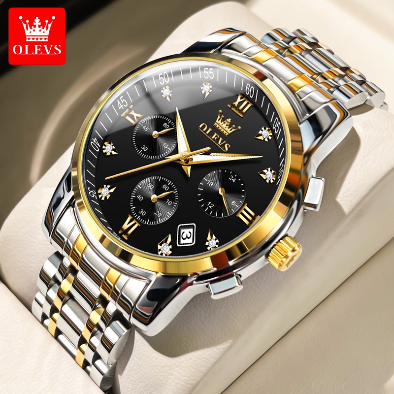 OLEVS Jam Tangan Pria Anti Air Original Stainless Steel Chrono Aktif Cowok Luminous Kalender Analog Men Watch Mode 2858-Emas & Hitam