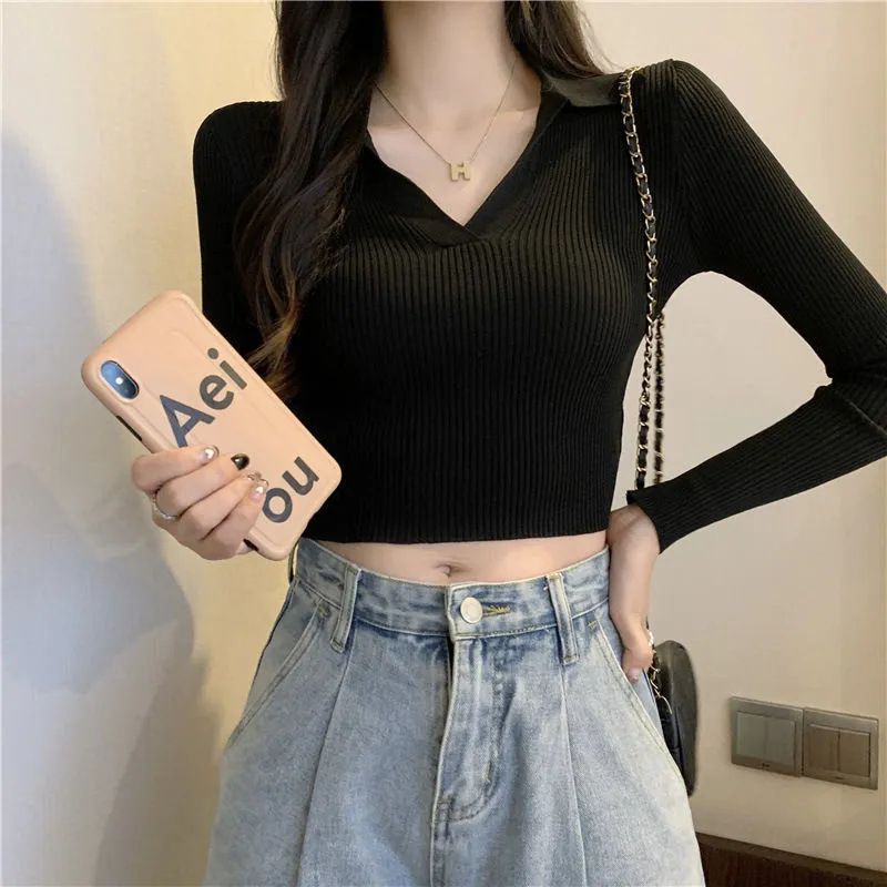 Poloshirt Knitwear D-99 Top Fashion Korean Crop Long Sleeve Polo Knit Top/Atasan Rajut Wanita Atasan Rajut Import Wanita/ Atasan Crop Baju Polo Korean Style Wanita