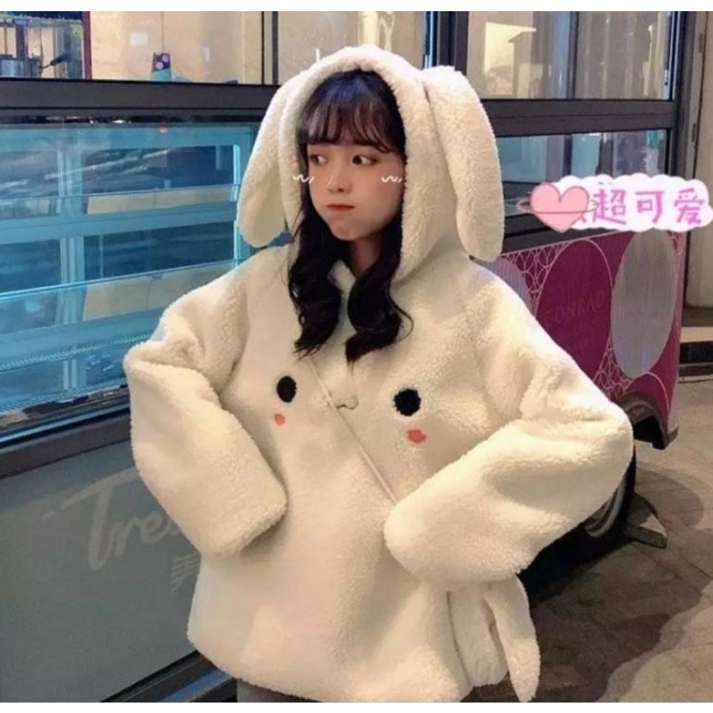 EAR RABBIT HOODIE WANITA BAHAN FLEECE KOREAN FASHION OUTFIT SANTAI KEKINIAN