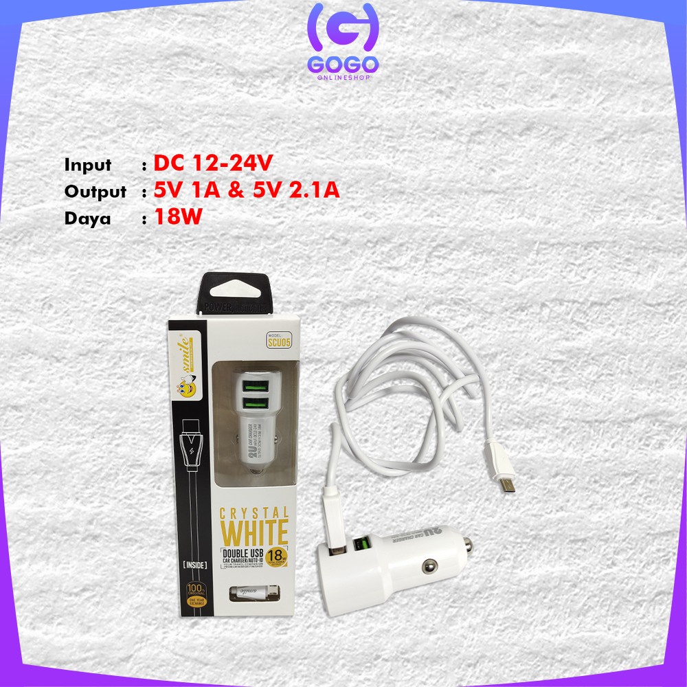 GOGO-C820 Adaptor Car Charger Double USB Universal Pengisi Daya Hanphone Travel Crystal White / 2 Output Casan Colokan Mobil Portable