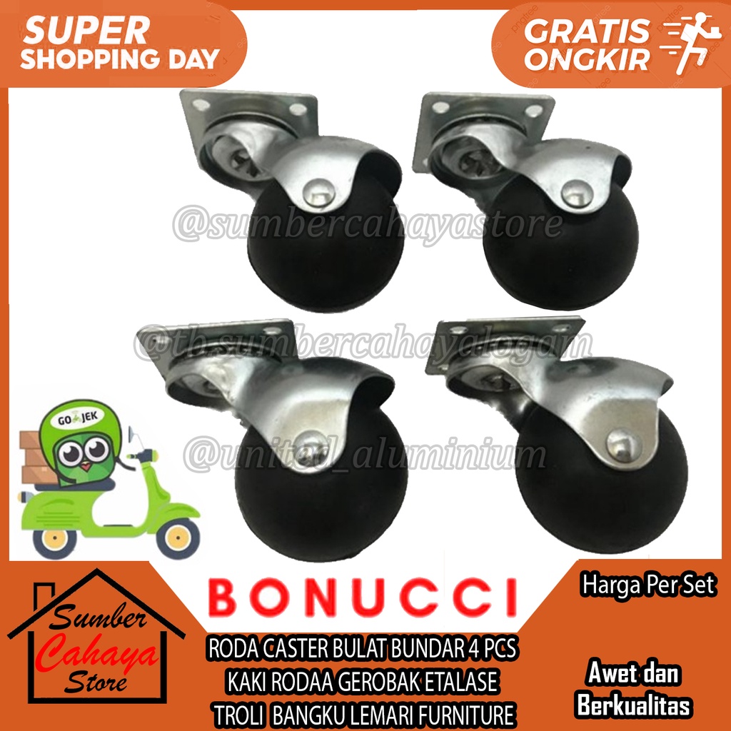 RODA CASTER BULAT BUNDAR BONUCCI 4 PCS KAKI RODAA KASTOR GEROBAK ETALASE  TROLI NYLON KARET KECIL GE
