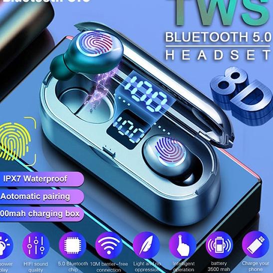 ○ (COD) F9-8 Headset Bluetooth 2200mah Power Bank TWS with Mic 9D Bass LED Display Smart Touch Finge