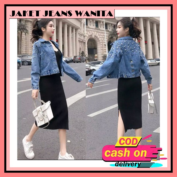 Jaket Jeans Mutiara Import - Jaket Wanita Oversize Ld 120 Model Brokat Mutiara - Jaket Wanita Jumbo 