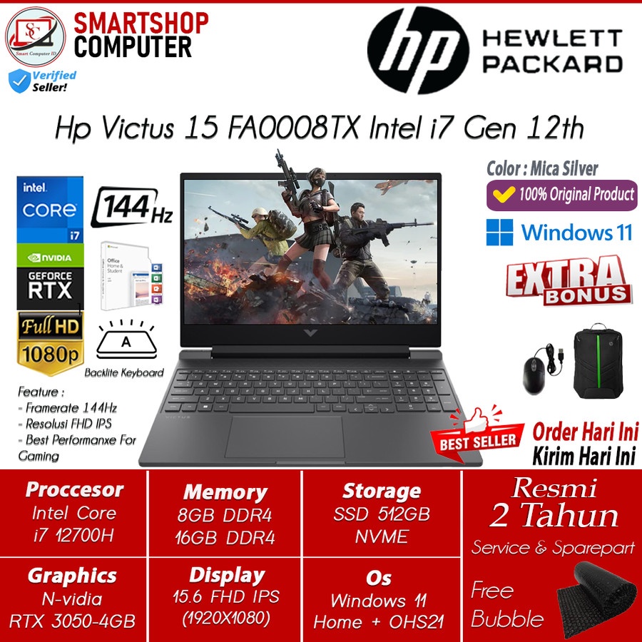 Laptop Gaming Hp Victus 15 Intel Core i7 12700H 16GB 512GB SSD RTX3050 4GB 144Hz FHD IPS Windows 11 OHS Original