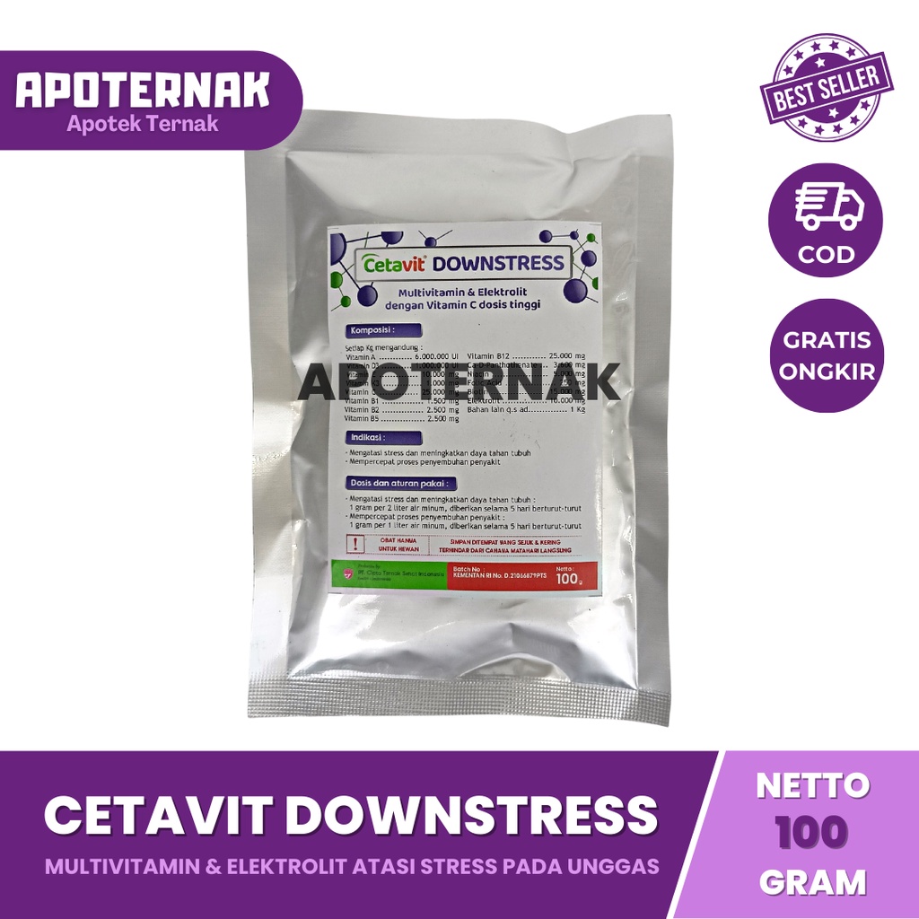 CETAVIT DOWNSTRESS 100 gr | Multivitamin Elektrolit Atasi Stress Pada Ayam Burung Unggas &amp; Mempercepat Penyembuhan Penyakit