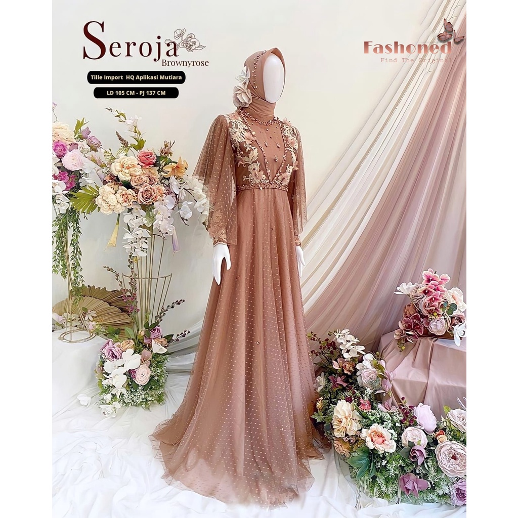 Seroja Dress Brukat Tille PREMIUM Dress Kondangan Muslim Wanita Remaja Terbaru Ld 100CM Nauren Maxy Bunga Veronica Brokat Gaun Pesta Muslimah Cantik Seragaman Baju Lebaran Kekinian Murah Grosir Konveksi Warna Sage Green Latte Brown Lavender Grey Toska