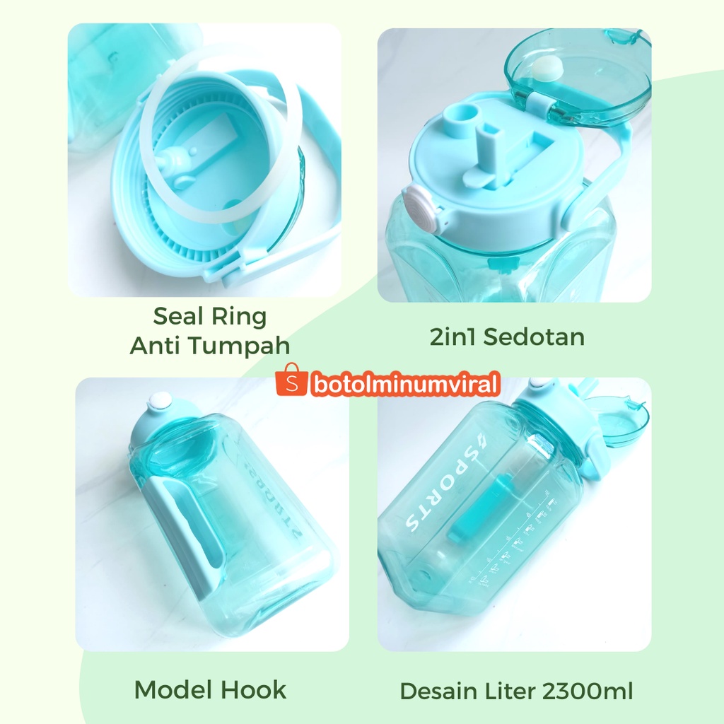 Botol Minum Viral 2,3 Liter Bening Free Sticker 3D 2D Sedotan 2 in 1