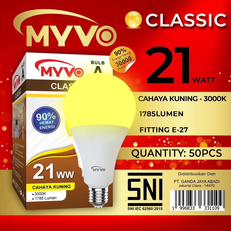 Myvo Led Bulb Cahaya Kuning Warm White 3 5 7 9 12 15 18 21 Watt Myvo Classic