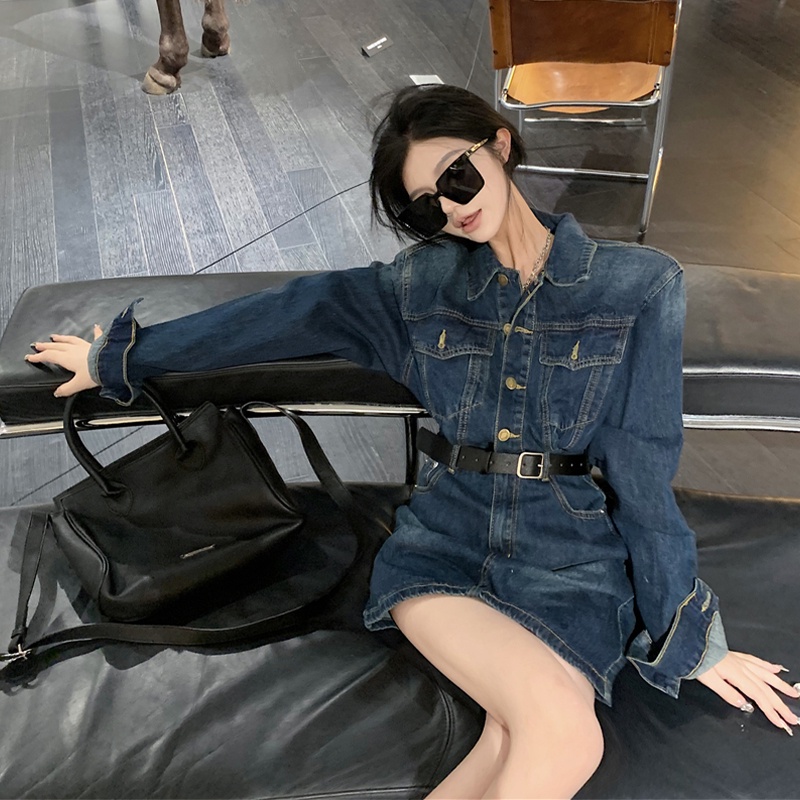 Red kumikumi rasa hong kong retro kerah polo lengan panjang gaun denim wanita musim dingin pinggang tas pelangsing pinggul rok pendek