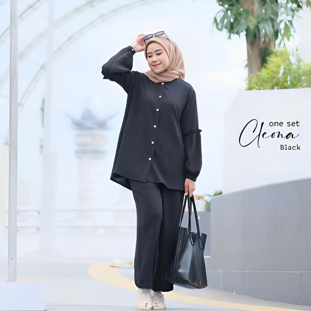 Ramdan Collection- Cleona One Set Crinkle Baju Set Wanita Kekinian Ruffle Korean Style Fashion Muslim Baju Setelan Wanita Import Jumbo