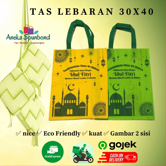 

Goodie Bag/ Tas Spunbond Lebaran Idul Fitri 30 X 40 X 10 Full Gambar - Hijau, 30X40 2 Sisi 009
