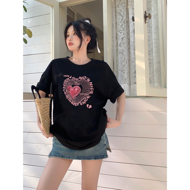 EUNII T-shirt Lengan Pendek Cartoon Pink Love Korean Style/Kaos Atasan Wanita/Baju Kaus Oversize Wanita/Kaos Wanita