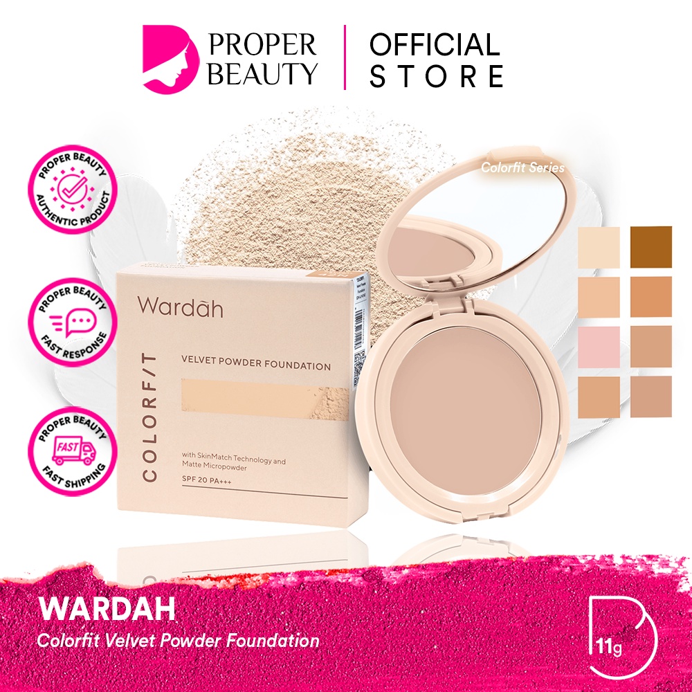 WARDAH Colorfit Velvet Powder Foundation Indonesia / Bedak Wajah 11g / SPF 20 PA++ Buildable Coverage Oil Control 12 Jam Soft Focus Anti Bacterial Transferproof / Ivory Beige Neutral Sand Link / Cosmetic Face Makeup Make Up Series / Cushion Contour Lip