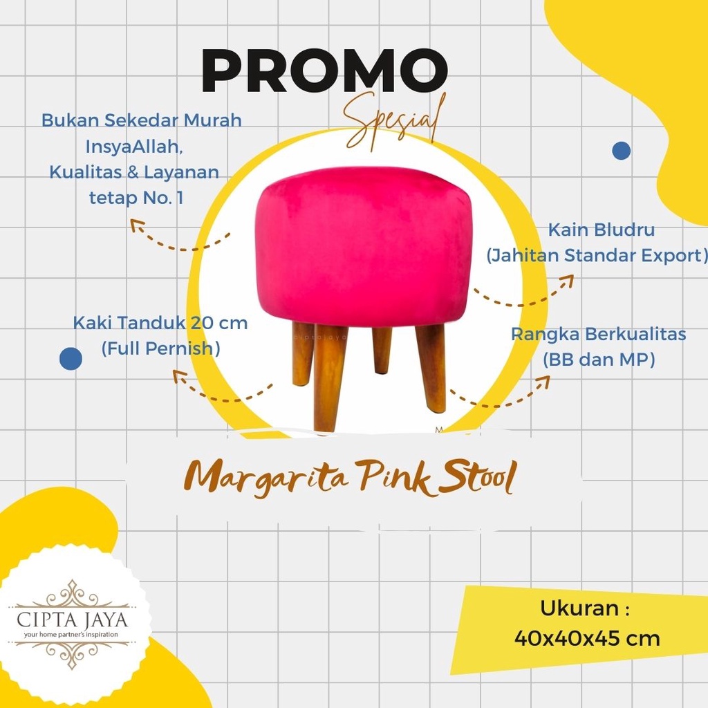 PROMO Cipta Jaya - Stool Kursi Sofa Puff Bulat Stool Murah 40cm x 40cm Design Minimalis Empuk Margarita Pink Produk Berkualitas Rangka Anti Rayap Jahitan Standard Eksport Rapi Dilapisi Furing Kaki Pernis terlihat Estetika PINK MARGARTITA