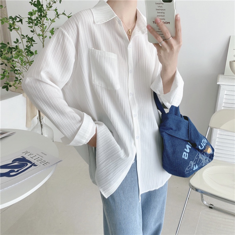 EUNII Crinkle Kemeja Lengan Wanita Blouse Putih Kemeja Lengan Panjang Wanita Korean Style