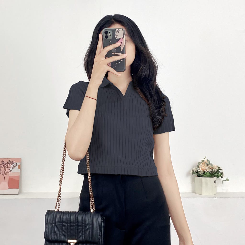 crop top rajut wanita kerah polo/polo wanita prilly crop top/atasan crop top rajut lengan pendek