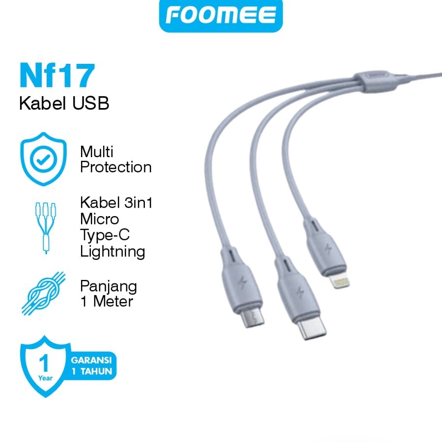 Foomee NF17 Kabel 3 in 1 Micro USB Type C Lighting Fast Charging ORIGINAL FOOMEE