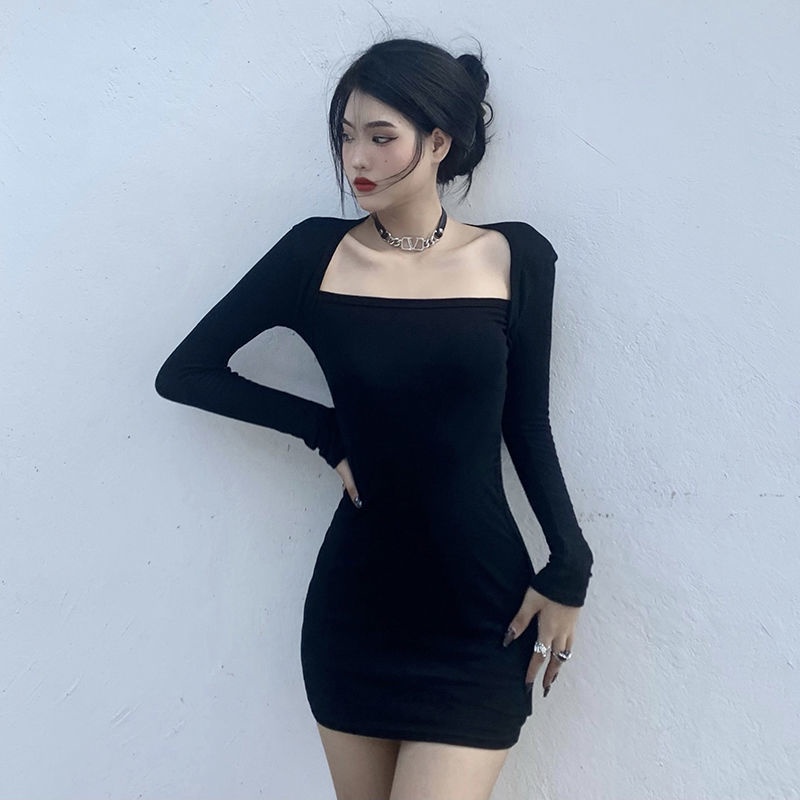 Red Rapcopter Eropa dan Amerika gaun dasar warna solid tas wanita bahu lengan panjang rok rok pinggul ramping pas kerah persegi