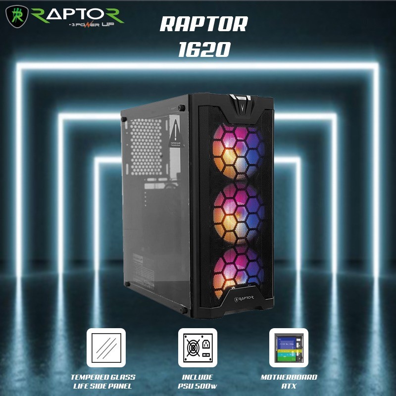 Power Up Raptor Casing 1620 Mid Tower ATX With PSU 500w + 3 Fan RGB Tempered Glass