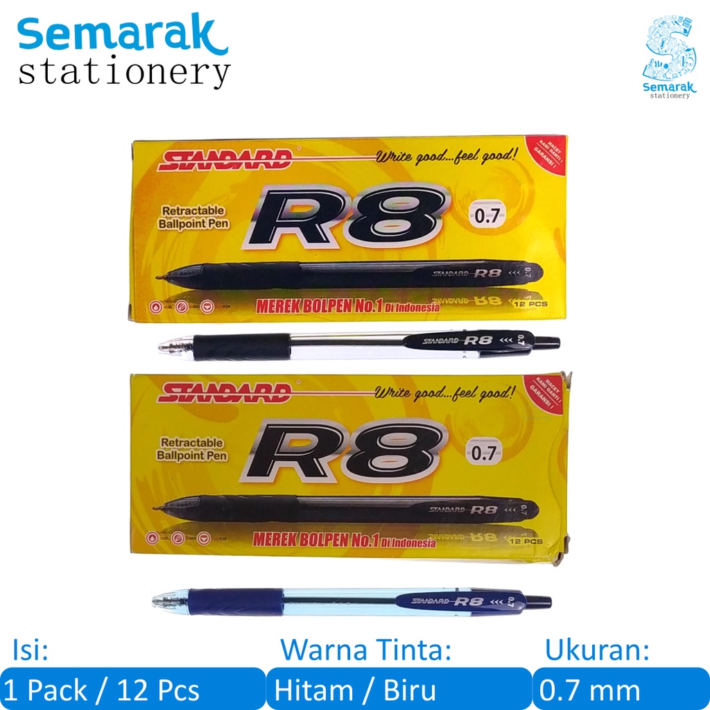 

Standard R8 Retractable Ballpoint Pen Pulpen Cetek Oil Gel Grip Karet 0.7 - Hitam / Biru [1 Pack / 12 Pcs]