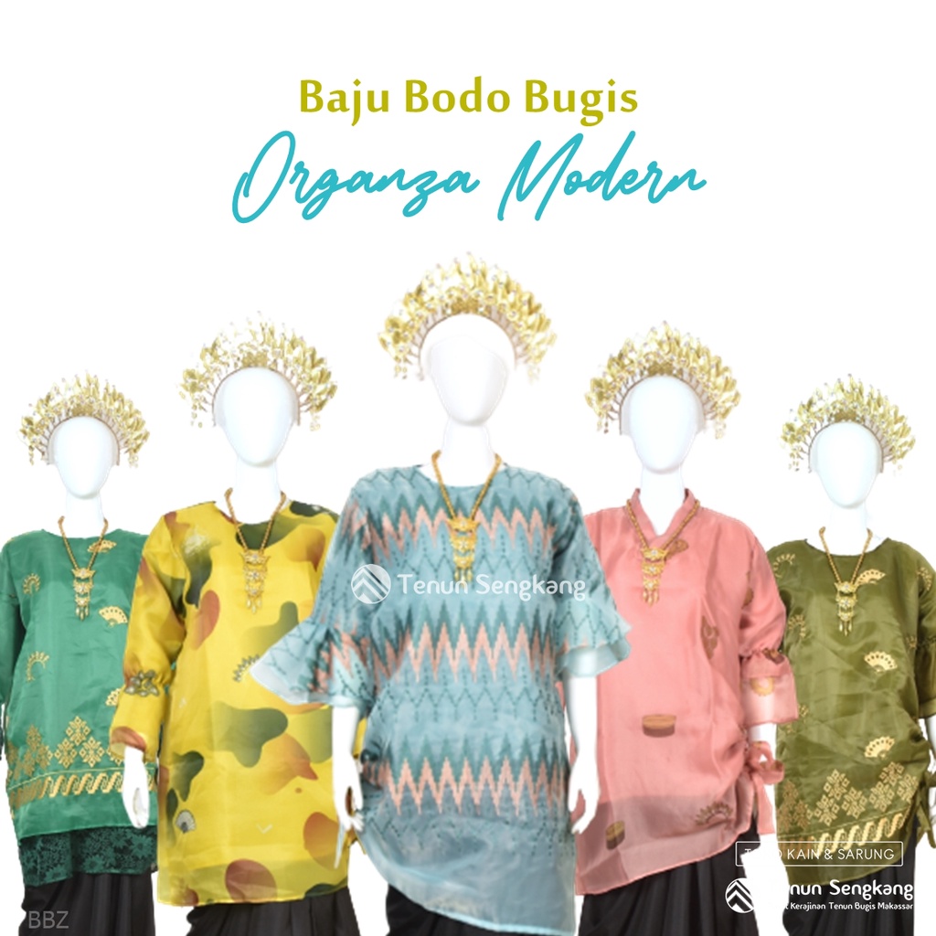 Baju Bodo Organza Modern Sulam Bugis Makassar Lengan Panjang - Tenun Sengkang BBZS-PG (Harga per Pcs)