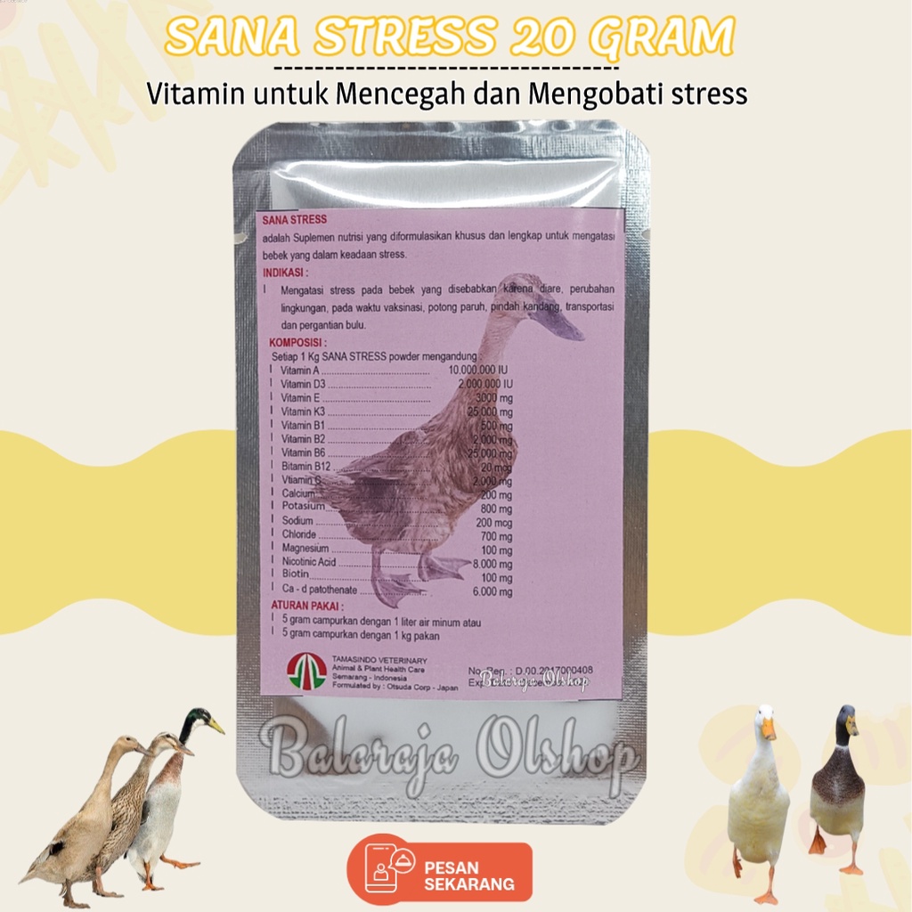 Obat Anti Stress Bebek Itik Unggas - Sana Stress 20 Gram - Mencegah &amp; Mengobati Stres Bebek - Tambah Nafsu Makan &amp; Metabolisme Imun Daya Tahan Tubuh Sanastress