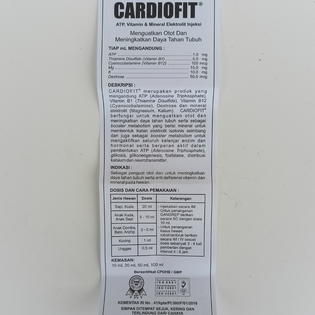 CARDIOFIT 100 mL | ATP Vitamin Mineral Penguat Otot Hewan Sapi Kambing Domba Kerbau Ambruk | Seperti Biosan TP Biodin Bioselvita