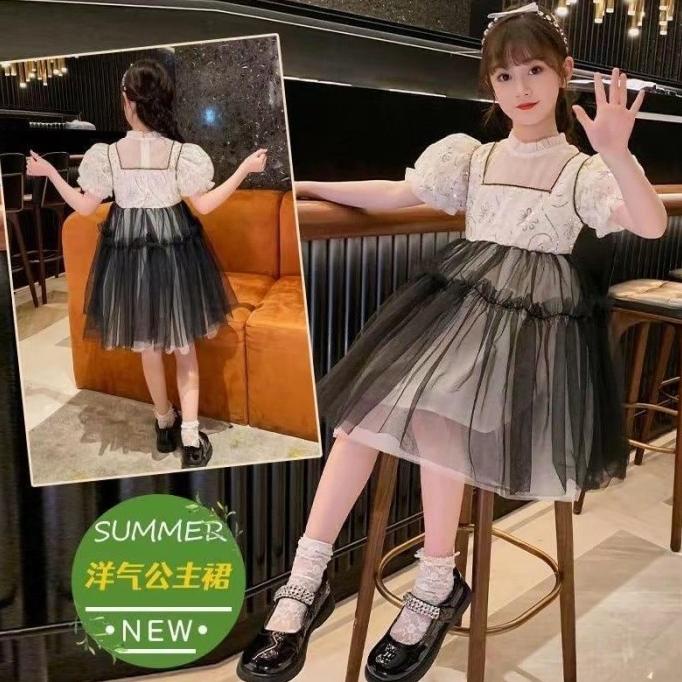 Dress hitam putih anak remaja import 1-11th gaun pesta tile sequin