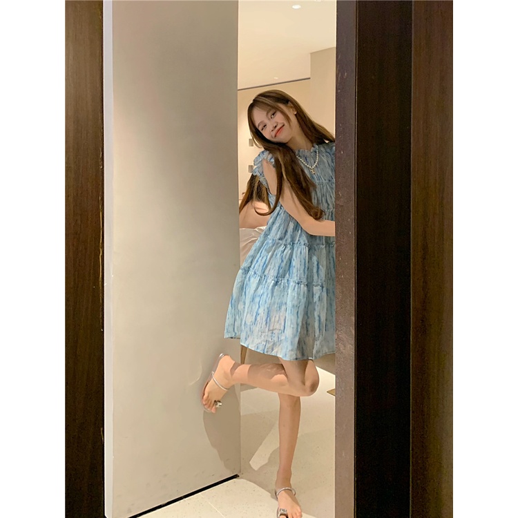 Red Temperamen ceruk manis rok sifon lucu desain musim panas rok A-line longgar dan tipis gaun kecil perempuan