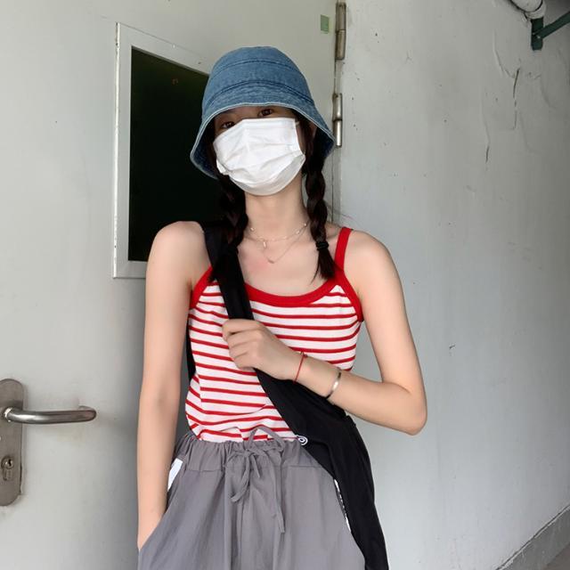 Red Rompi kecil bergaris ramping dengan tali gaun musim panas wanita desain rasa ceruk 2022 Versi Korea dari atasan tanpa lengan Prancis baru