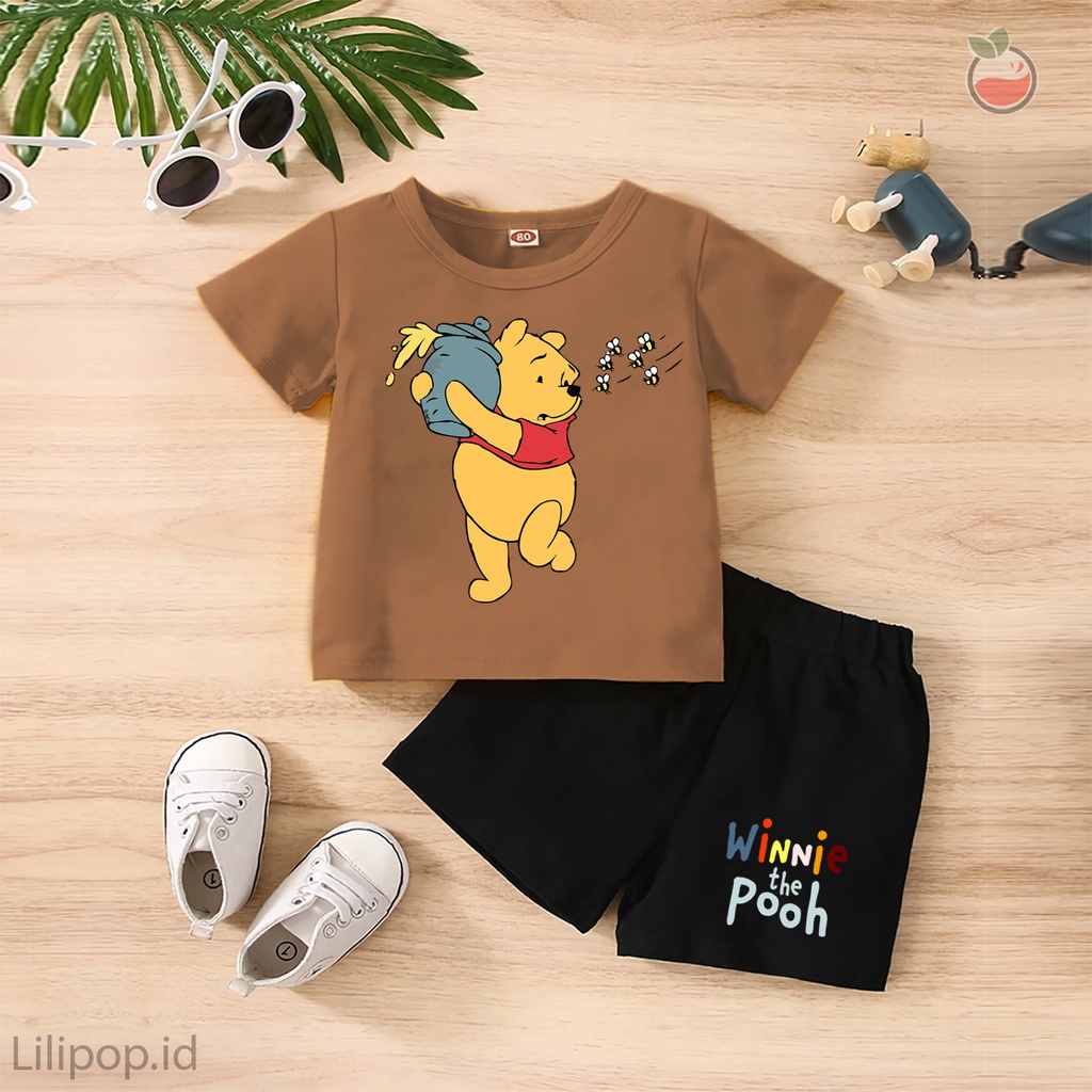 Baju Anak Stelan Kaos 3/4  POOH Cowok Cewek  Usia 1 - 4 Tahun Celana Pendek Harian